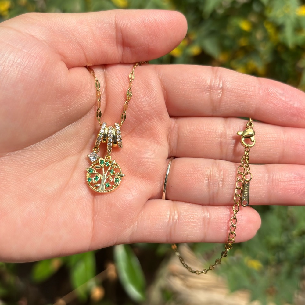 18K Gold Plated Stainless Steel Diamond Tree Pendant Necklace